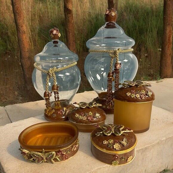 Mike + Ally Butterfly Enamel Bathroom 9 piece Set Apothecary Soap Dish Jewelry + - Picture 1 of 13